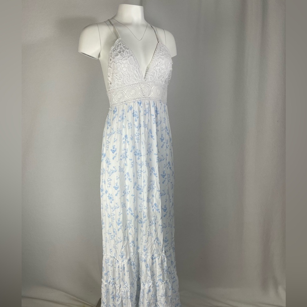 Elegant White and Blue Floral Maxi Dress
